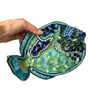 Viral Hand Beaded Fish Sequin Clutch or Crossbody in Aqua & Navy